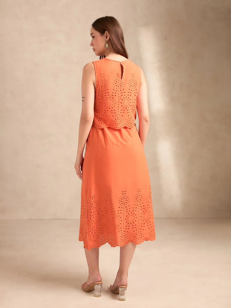 Outzidr  Orange Sleeveless Schiffli Maxi Dress for Women | Best Price UAE
